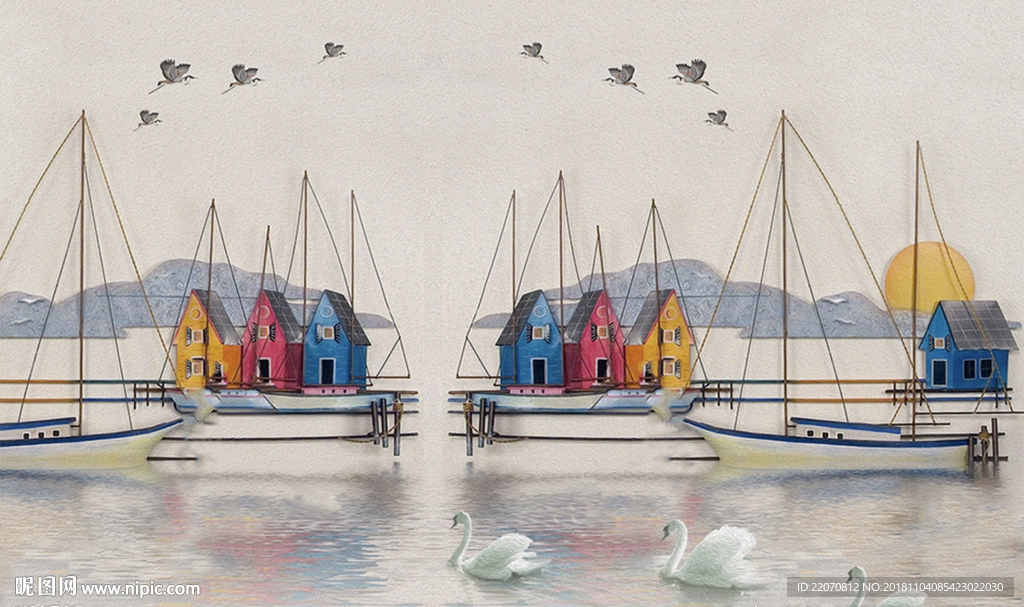 立体港口风景背景墙