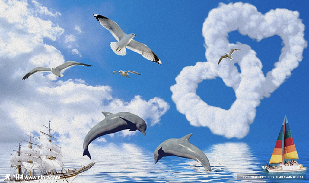 大海海豚大雁帆船背景墙