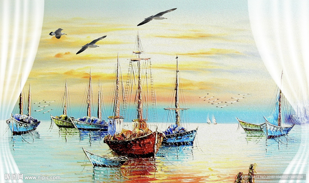 现代水彩油画大海帆船大雁背景墙