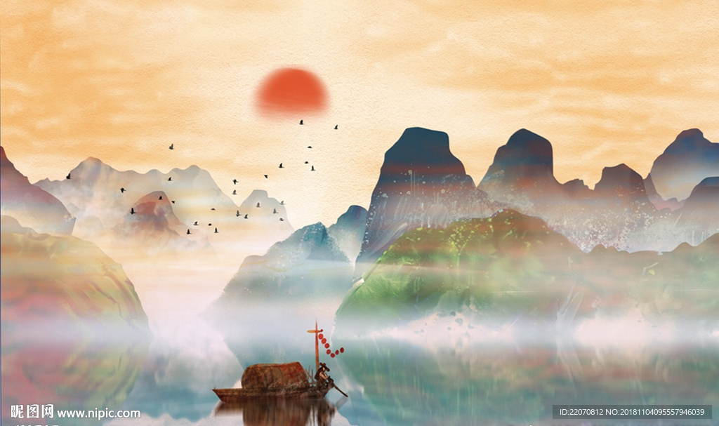 中式彩色大气山水风景背景墙