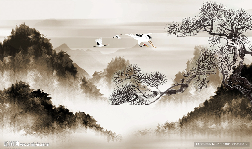 创意波纹山峦松枝飞鹤背景墙