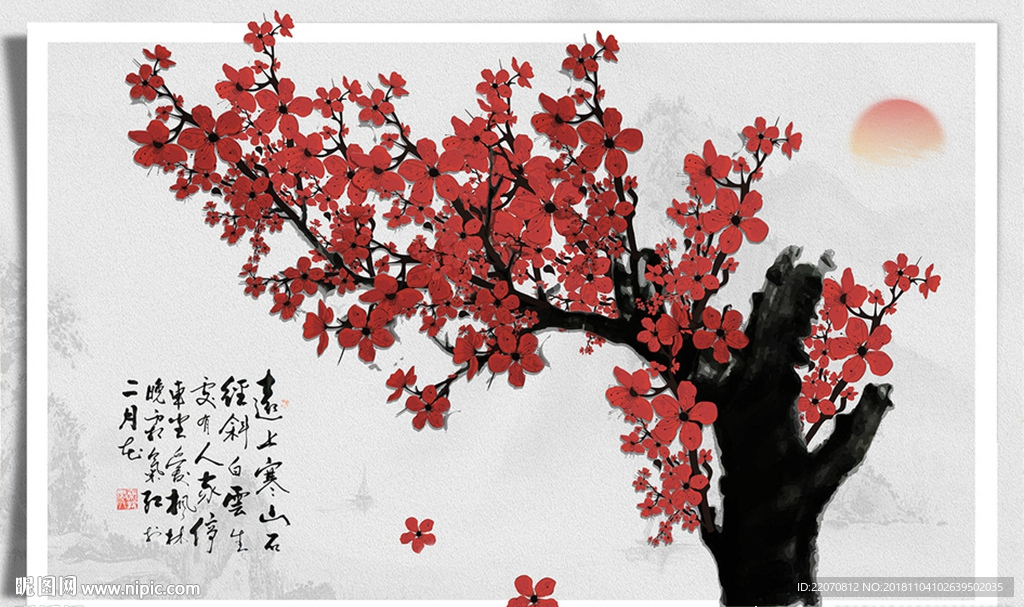 中式创意红色花树背景墙