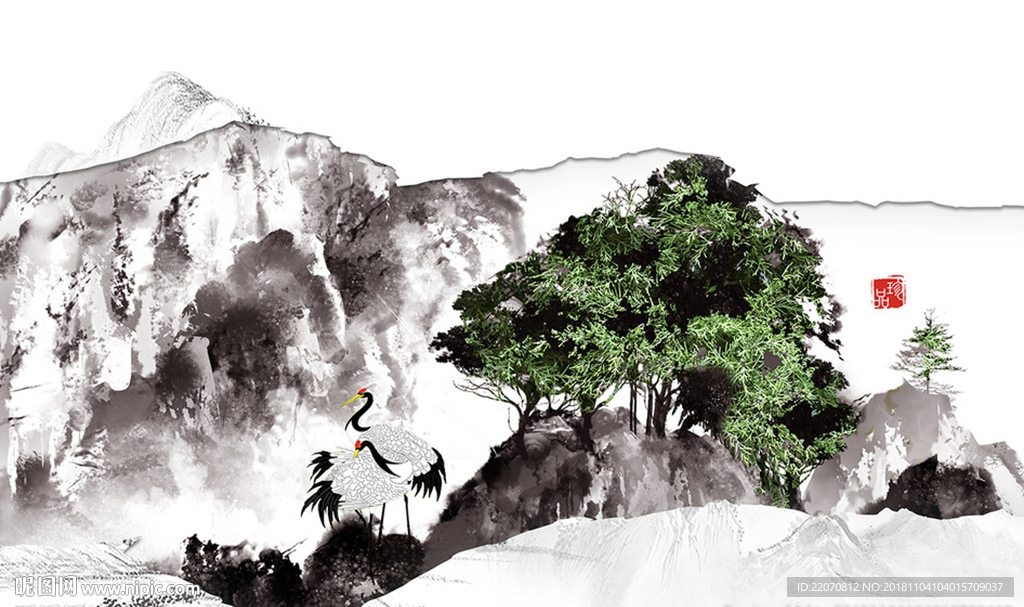 中式创意山峦松树松鹤背景墙