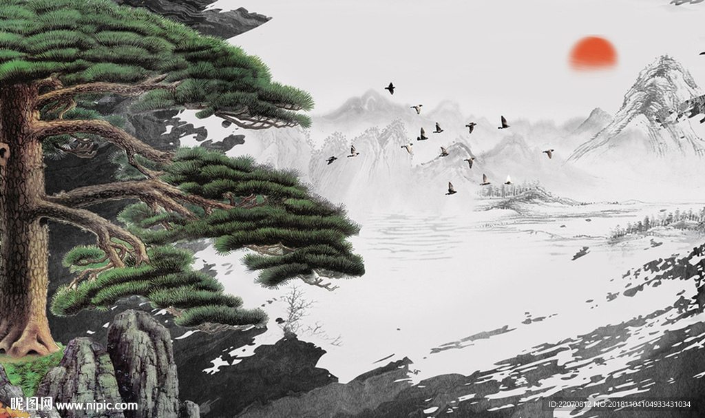 中式创意松树山水风景背景墙