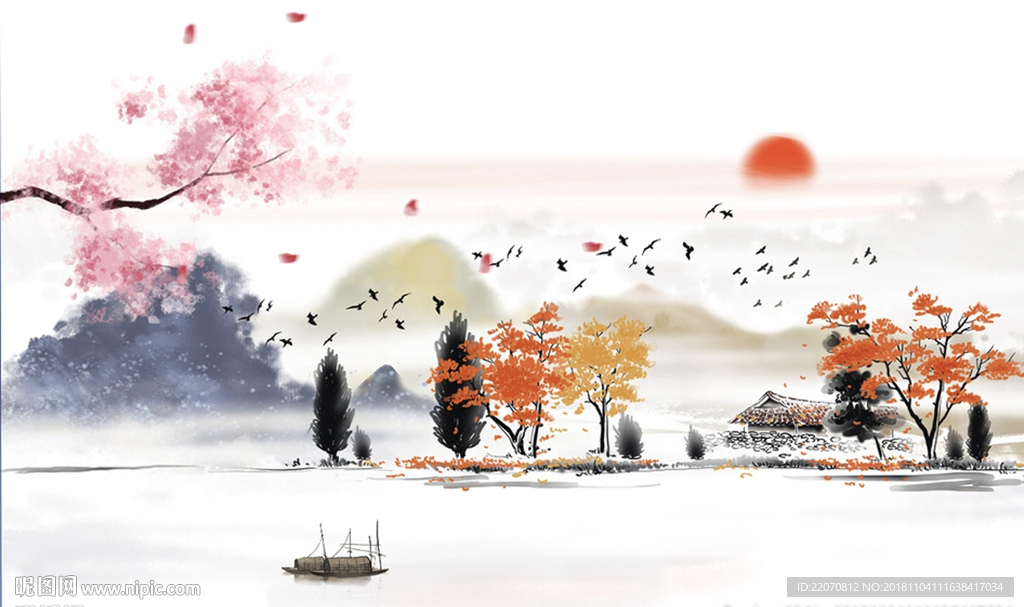 新中式简洁清新山水风景背景墙