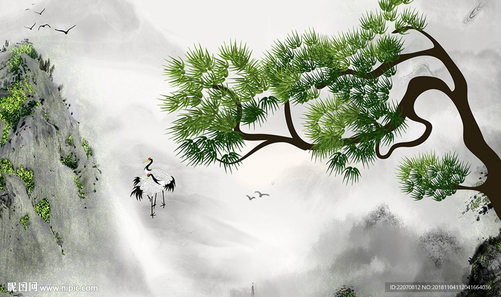中式绿色松树山峦仙鹤背景墙