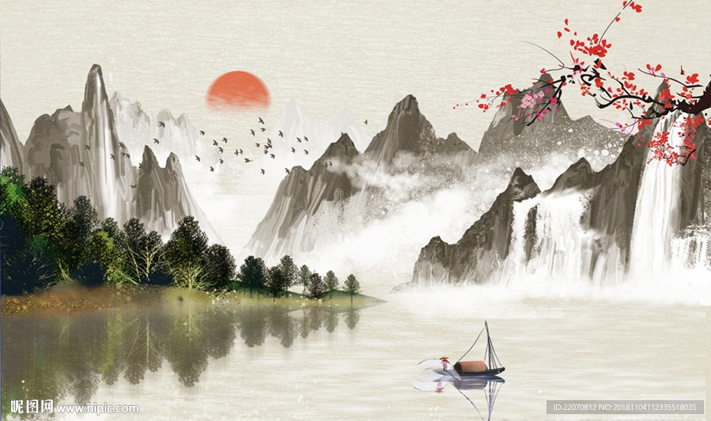 清新大气水中山水风景背景墙