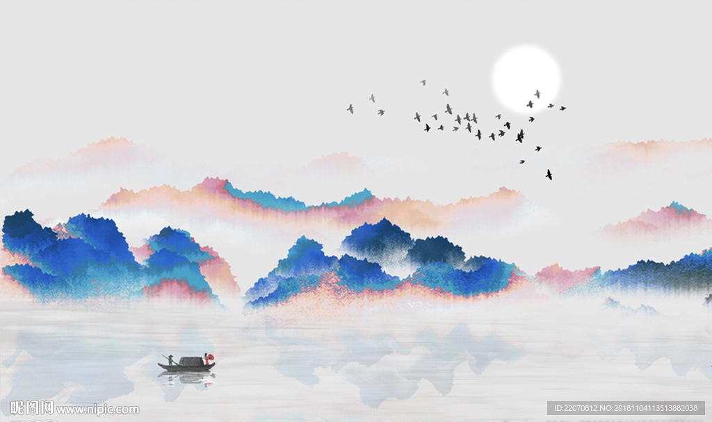 水墨彩色抽象山水日出背景墙