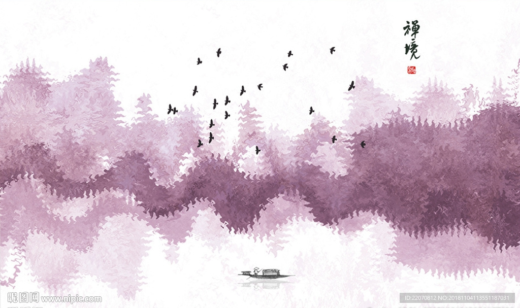 中式水墨抽象山水壁画背景墙