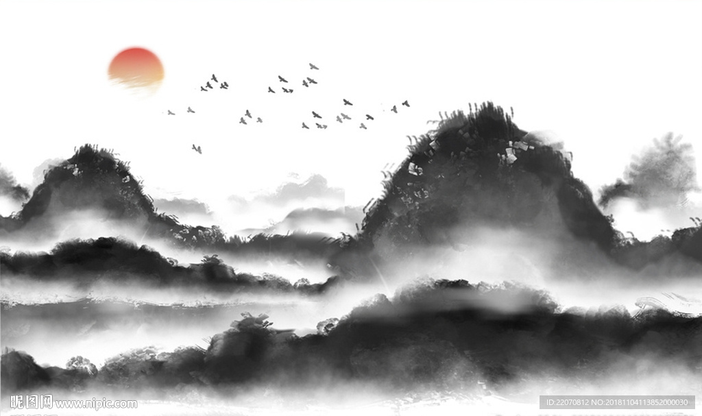 水墨抽象山水山脉日出背景墙