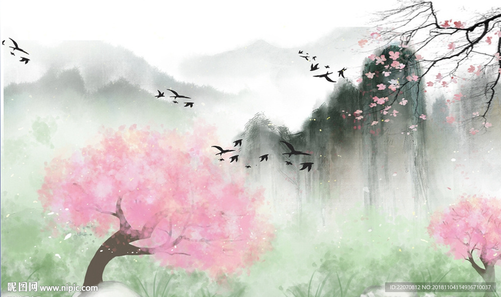 中式小清新水墨山水背景墙