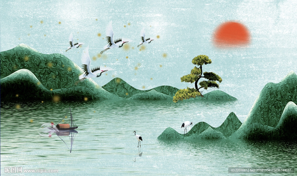 中式意境清新山水仙鹤背景墙