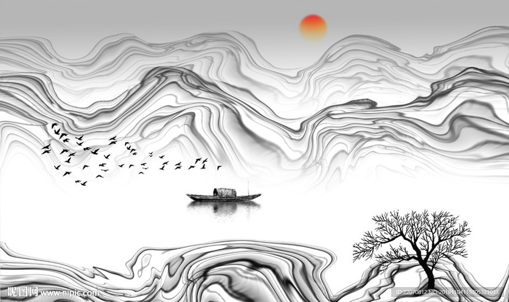 中国风抽象水墨山水画客厅背景墙