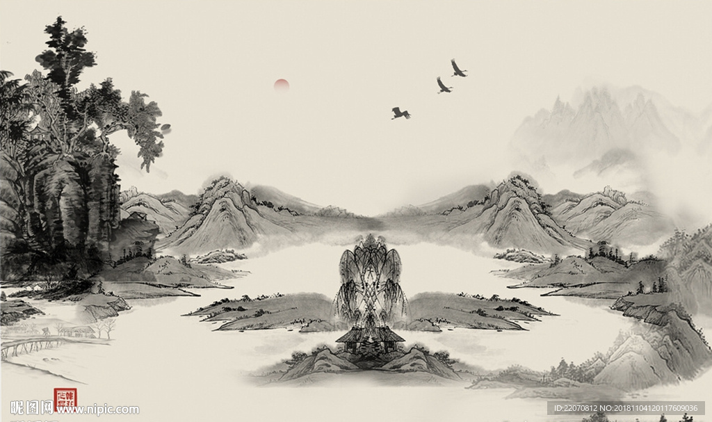 远山风景画村落背景墙