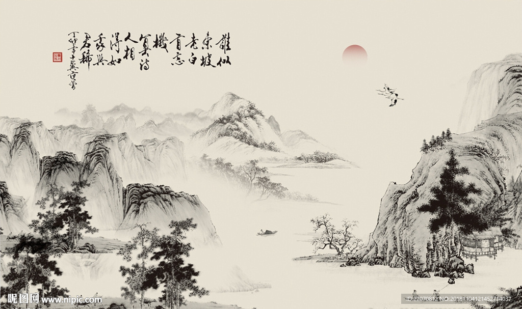 远山风景画仙鹤背景墙