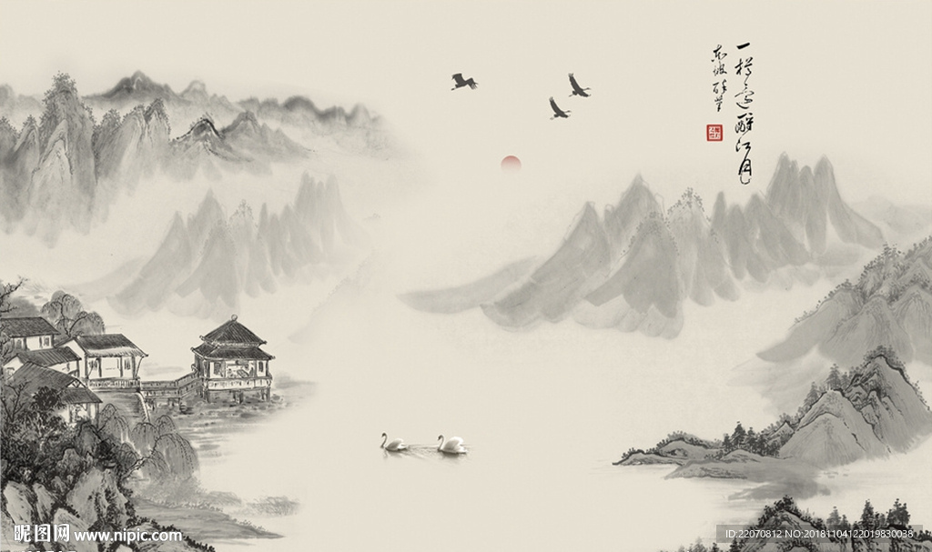 远山风景画小亭背景墙