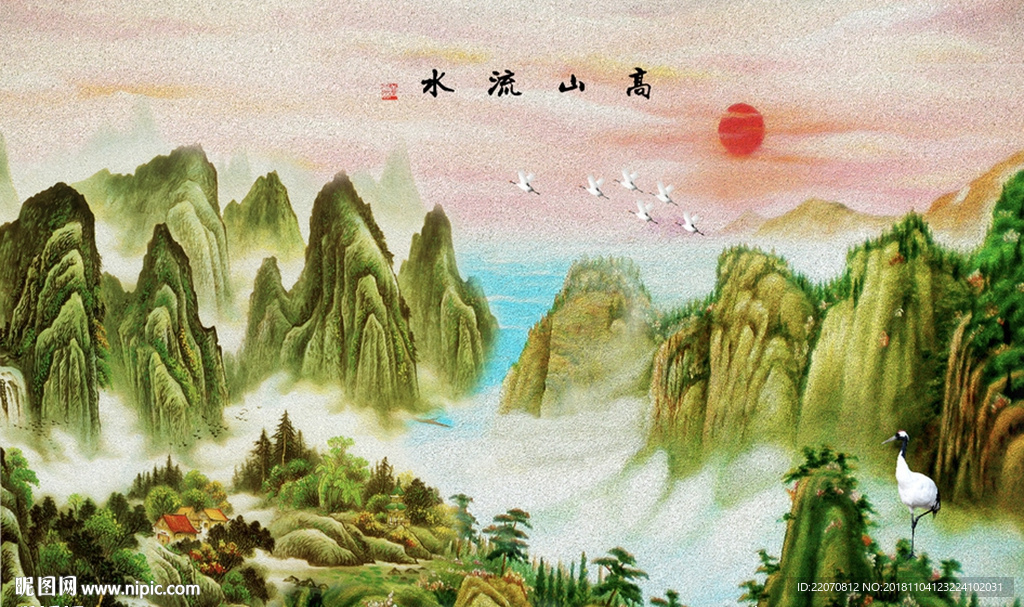 中式风景山水流水生财背景墙