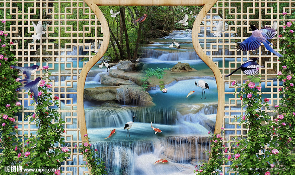 中式流水瀑布仙鹤鲤鱼背景墙