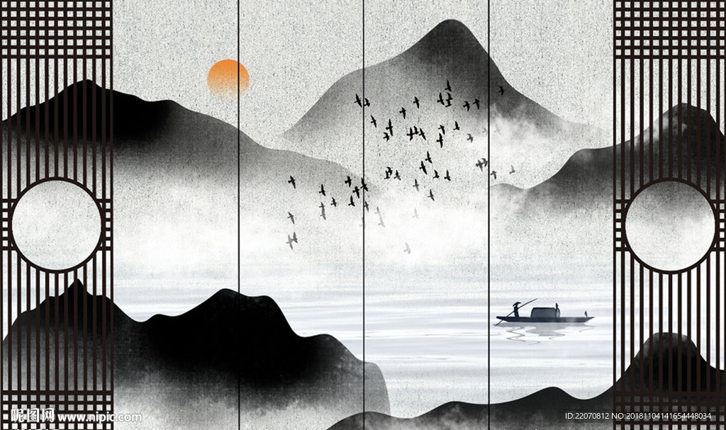 中式窗格中国风水墨山水背景墙