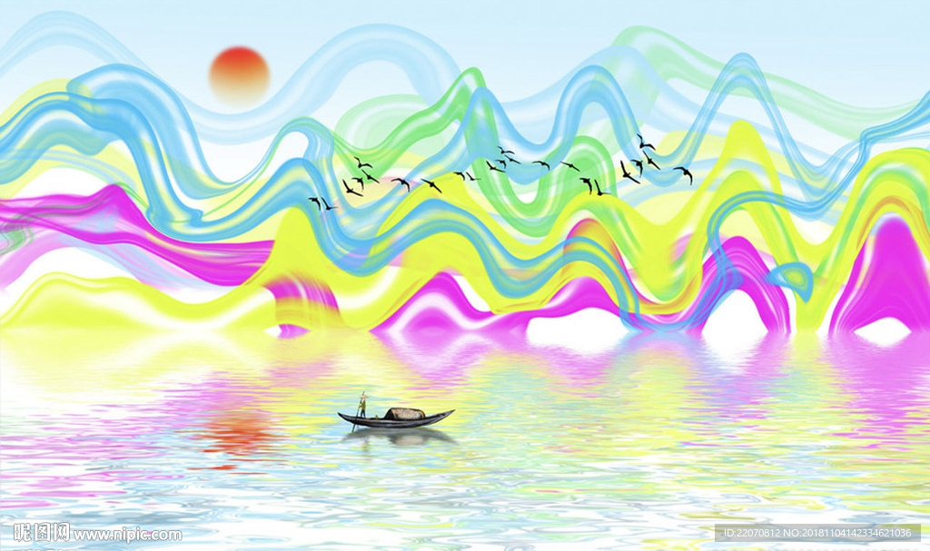 中国风炫彩抽象山水画背景墙