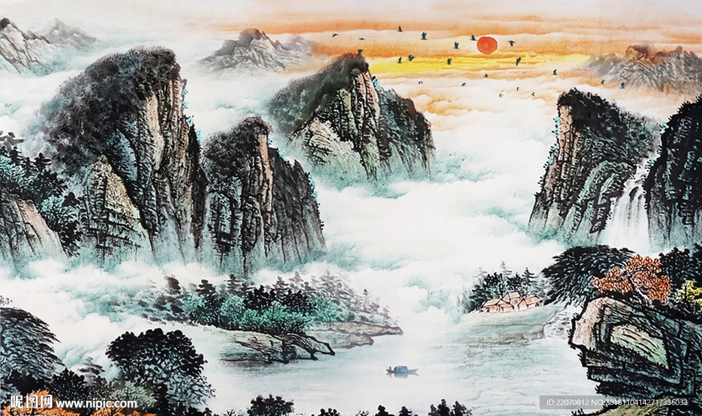 中国风水墨山水流水生财背景墙