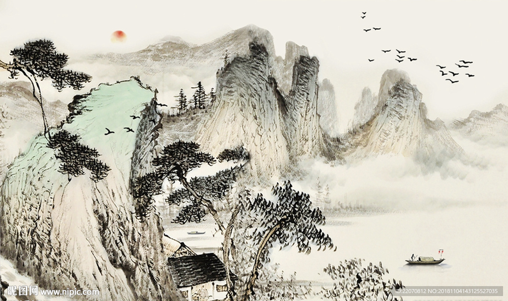 中国风手绘山水流水生财背景墙