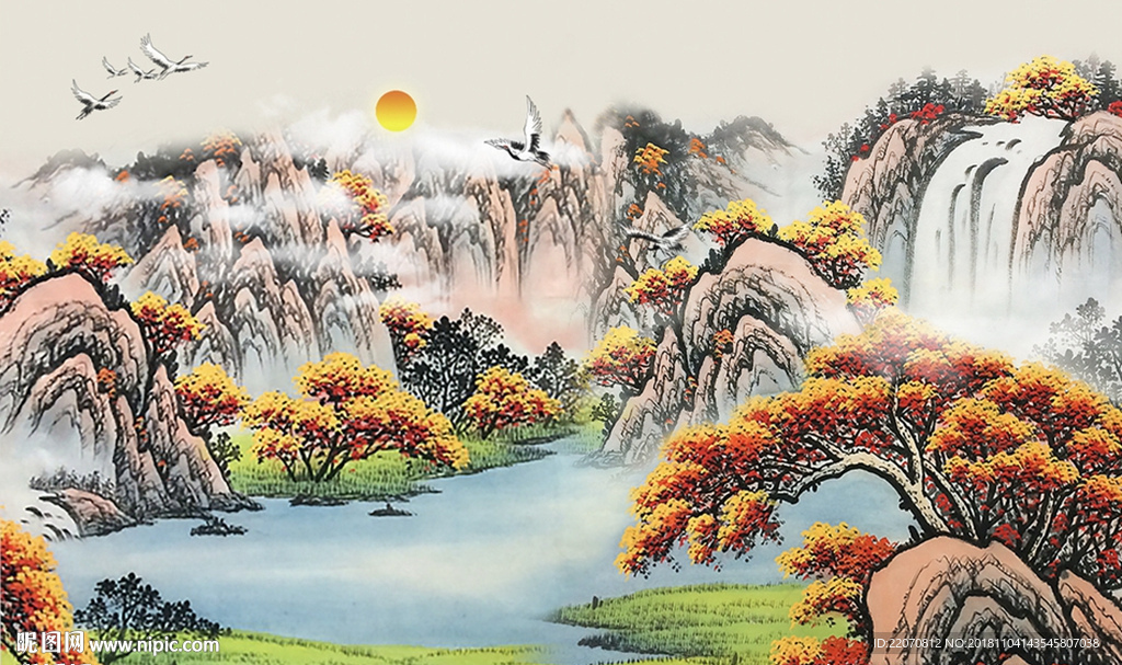 工笔山水流水生财背景墙