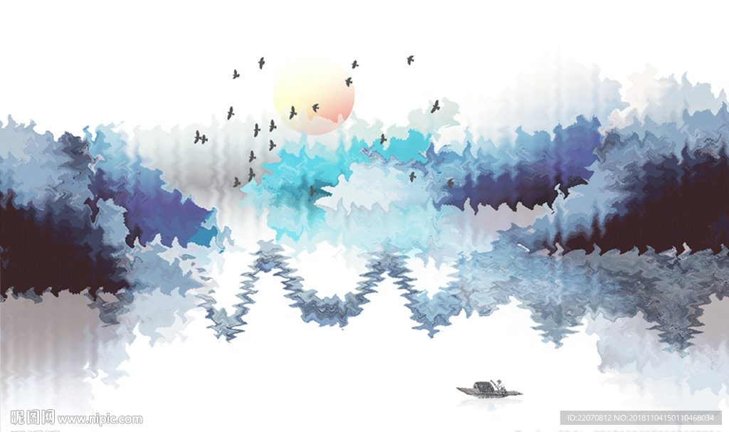 水墨国画彩色抽象山水背景墙