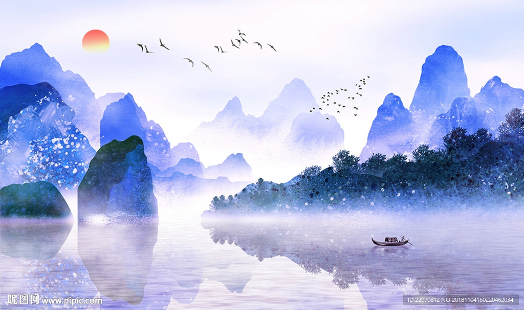 山水意境水墨风景背景墙