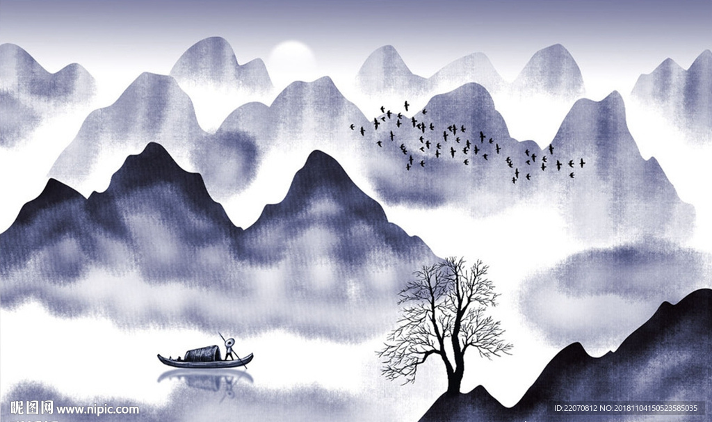 新中式蓝色水墨山水画背景墙