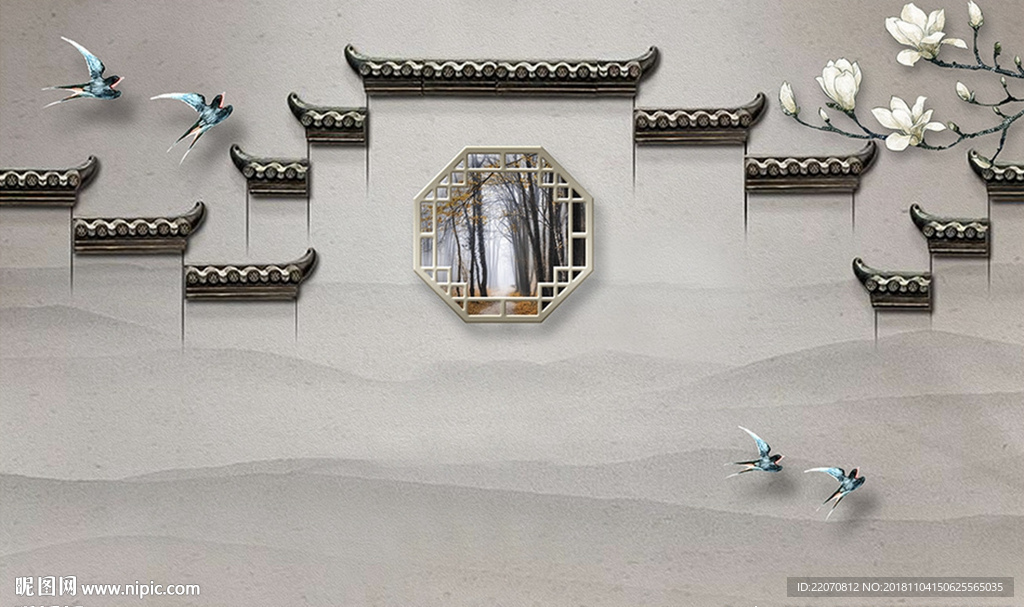 中式江南徽派建筑沙发背景墙