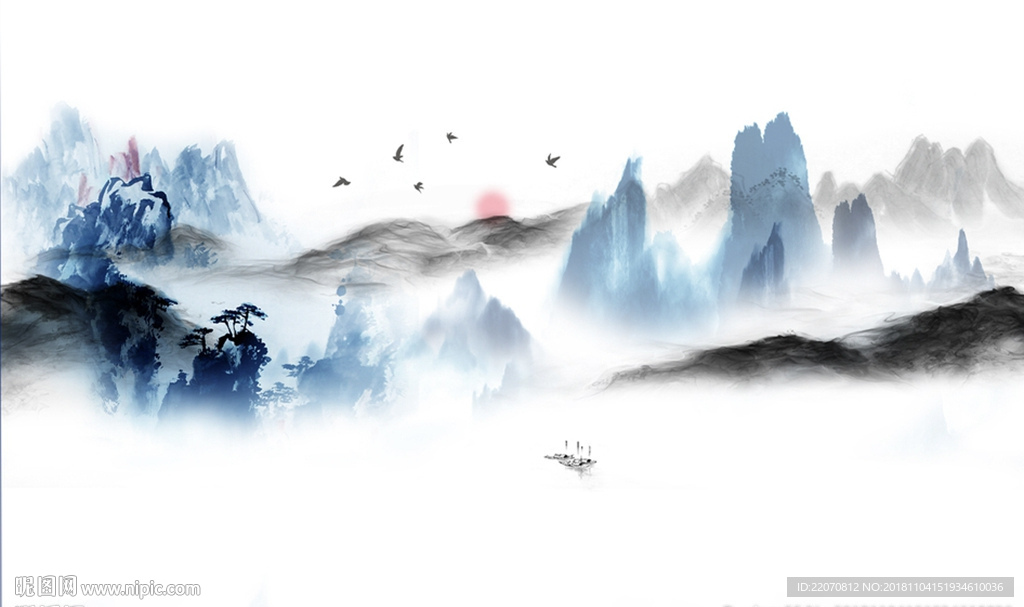 中式创意水墨国画抽象山水背景墙