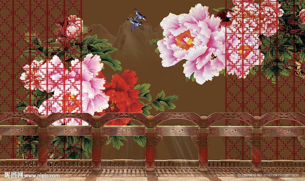 中式古典牡丹背景墙