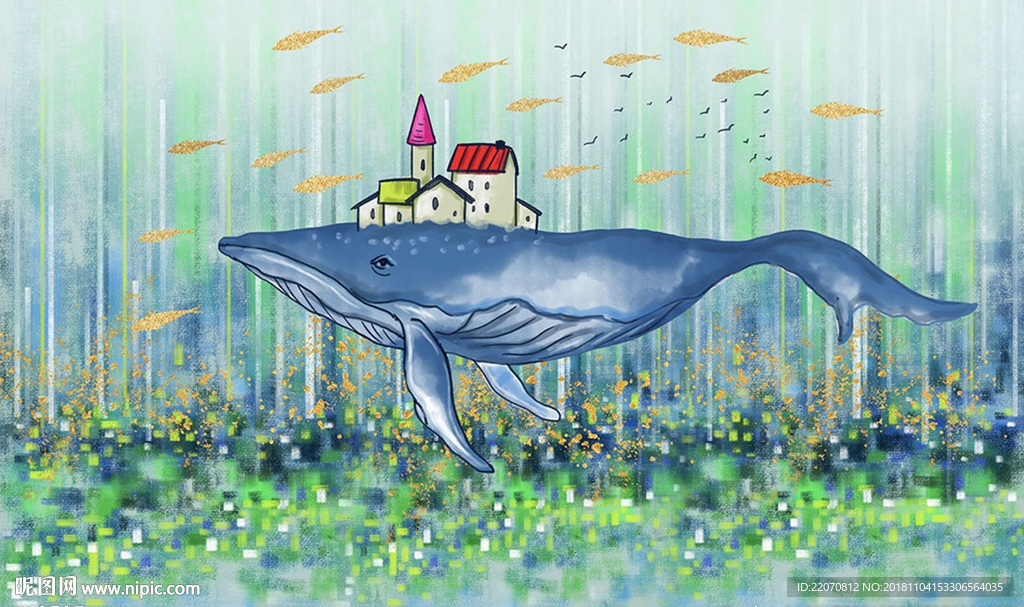 现代手绘鲸鱼田园风景背景墙