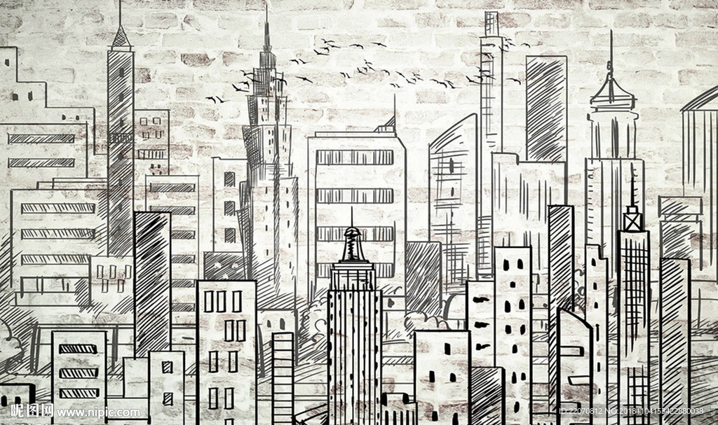 现代手绘抽象城市背景墙