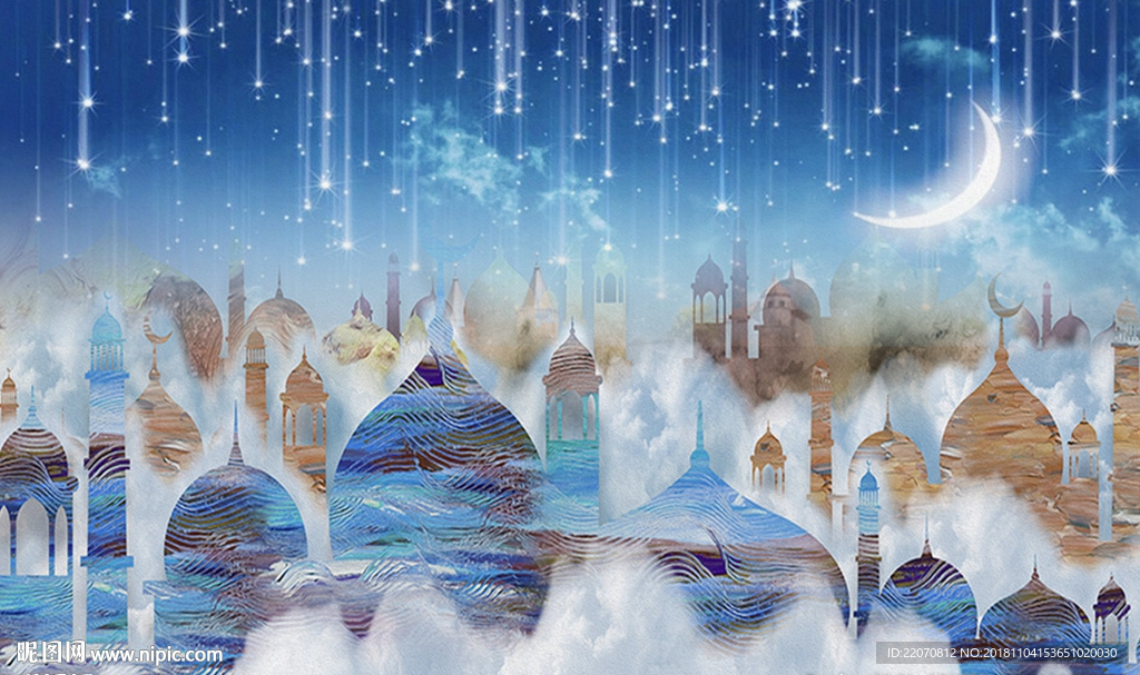 现代梦幻城堡云彩月亮星星背景墙