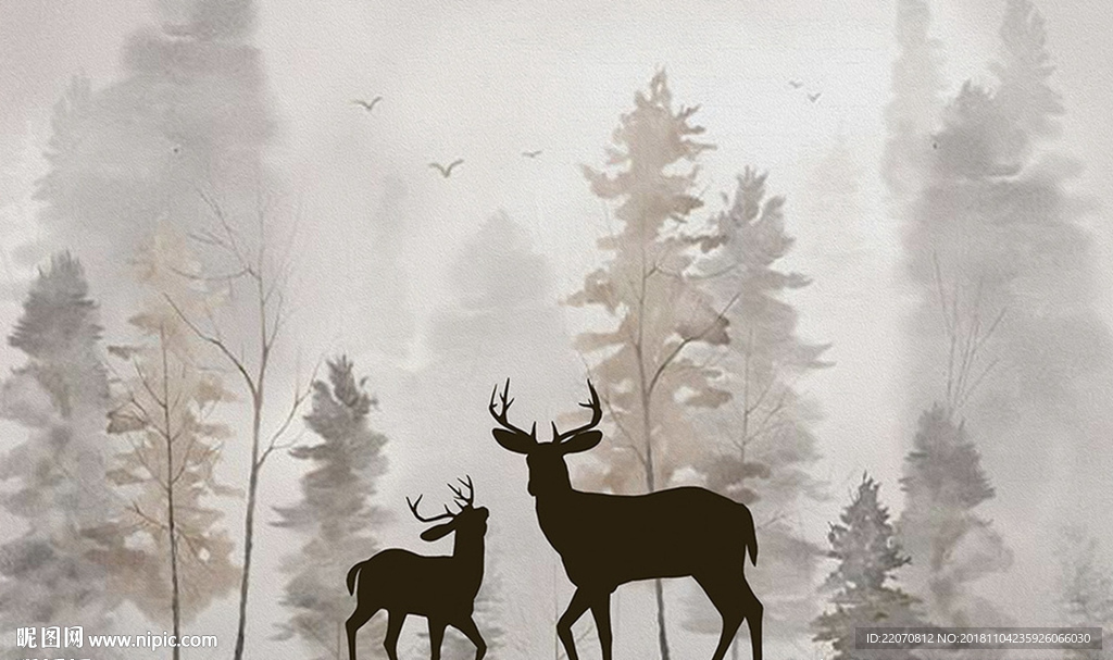 简约北欧树林小鹿背景墙