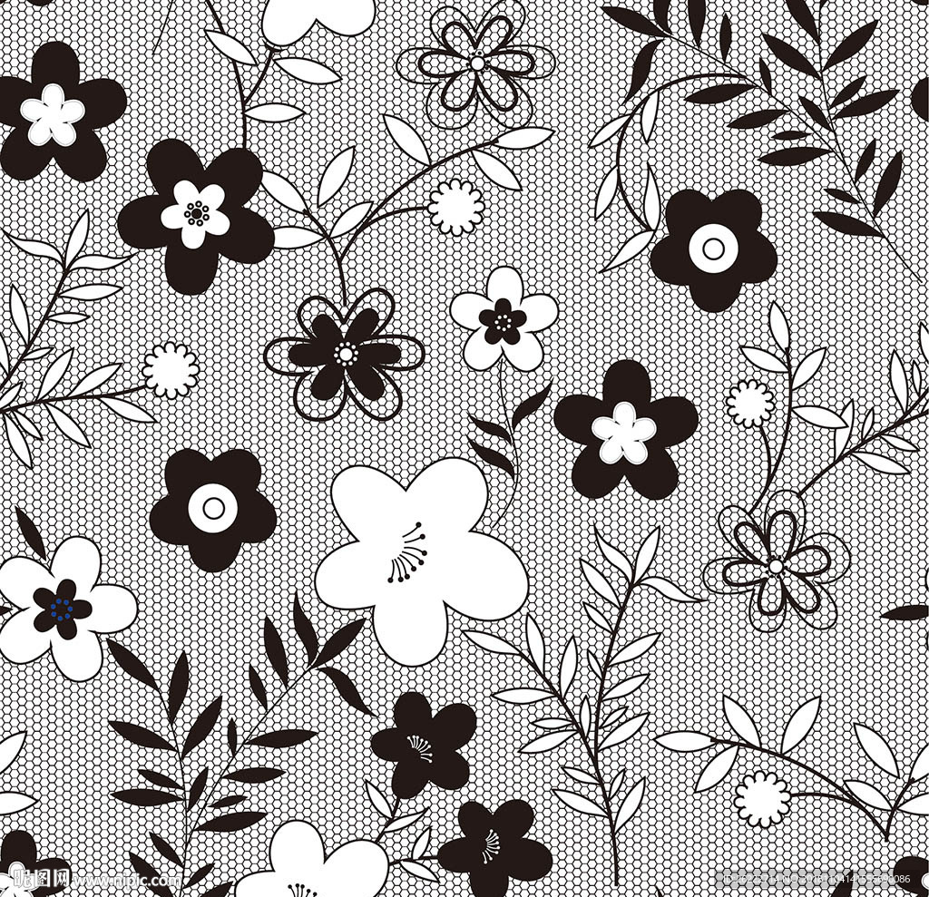 黑白简约鲜花无缝印花图案