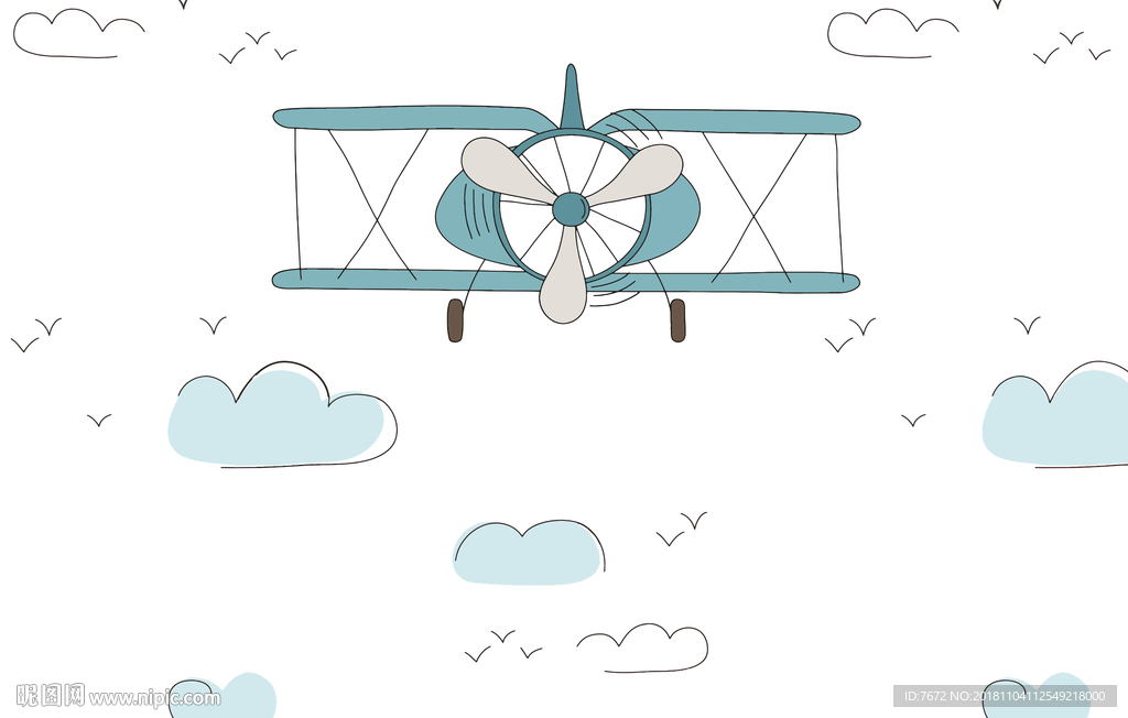 手绘卡通飞机儿童白云壁画壁纸
