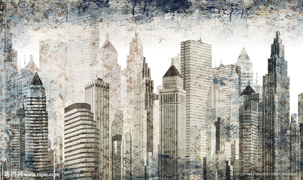 北欧复古抽象城市客厅背景墙