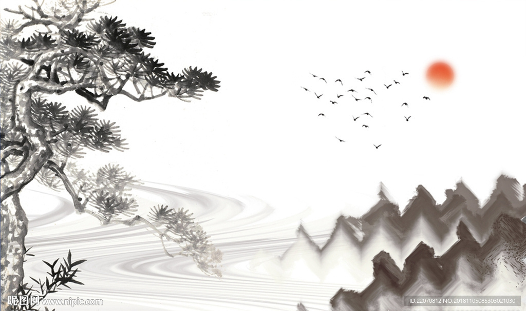 中式水墨国画抽象山水背景墙