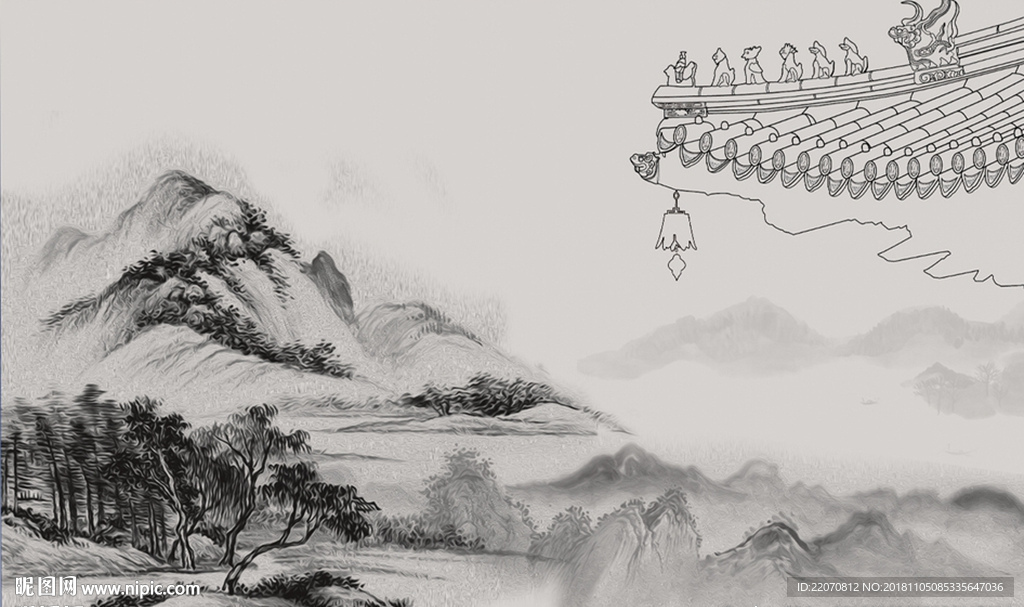 中式水墨国画抽象山水背景墙