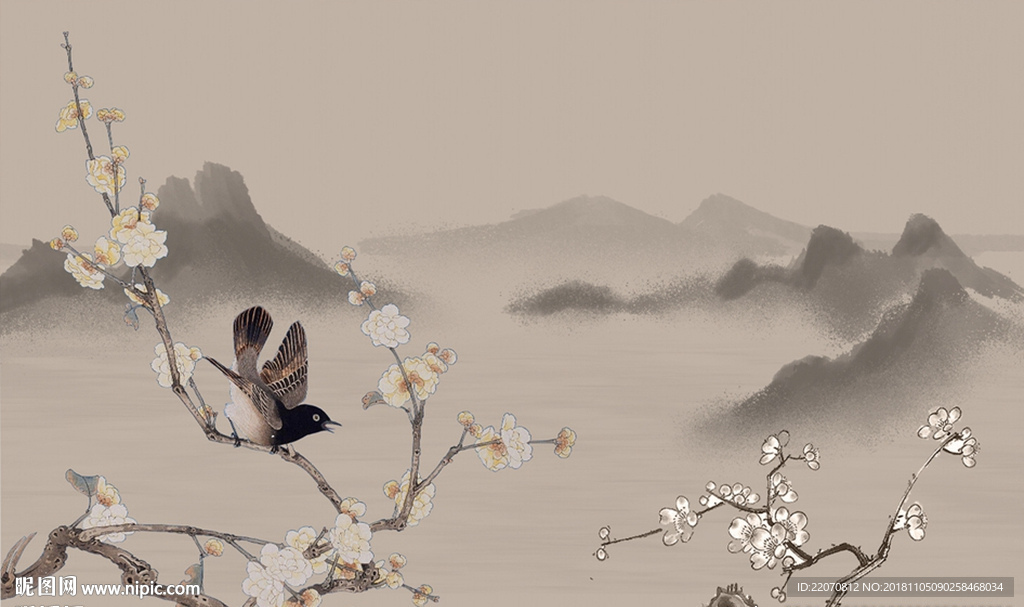 中式工笔花鸟手绘背景墙