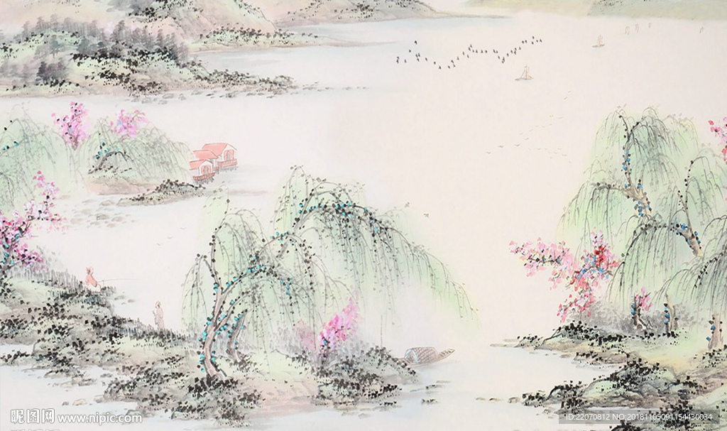 中国风水墨手绘山水江南春色背景
