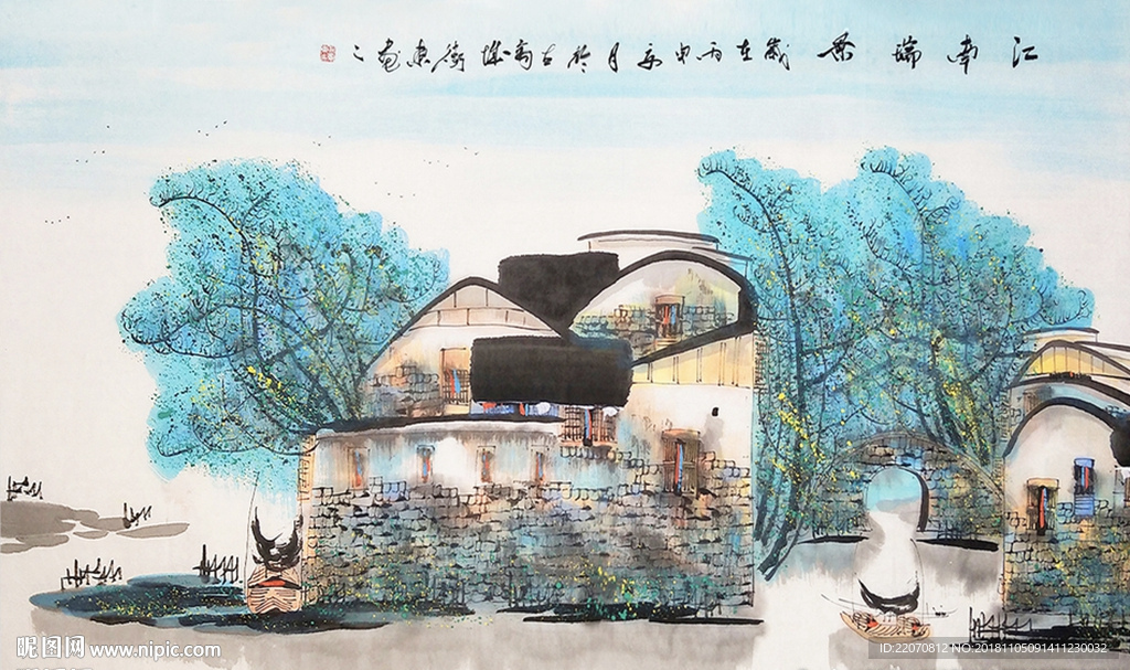 中国风水墨手绘江南瑞景背景墙