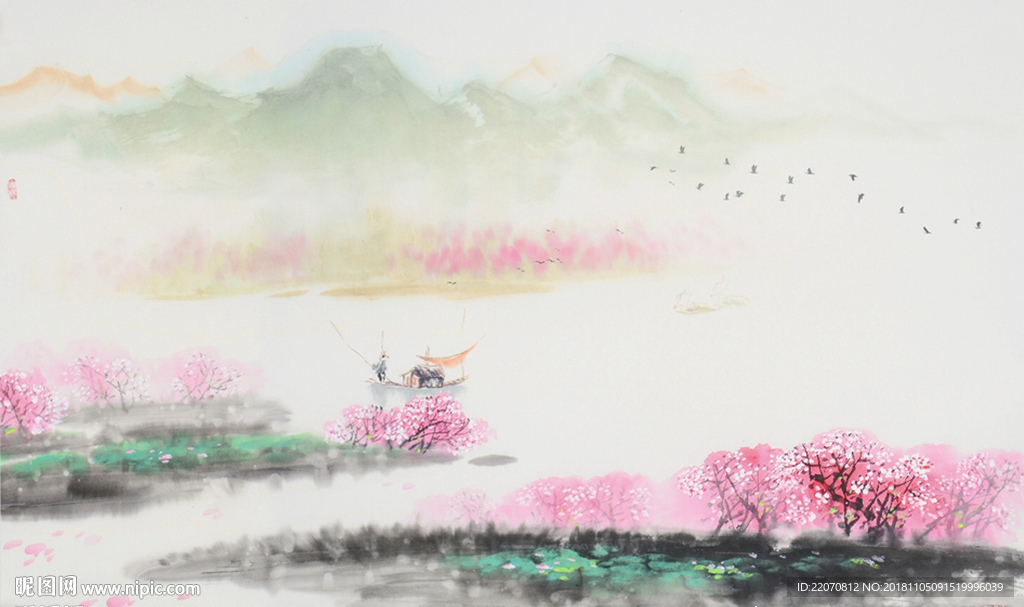 水墨手绘江南春色山水背景墙