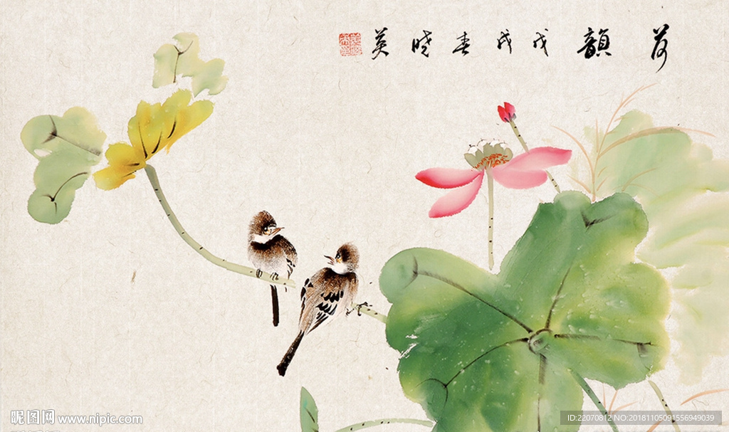 中国风水墨手绘花鸟荷韵背景墙