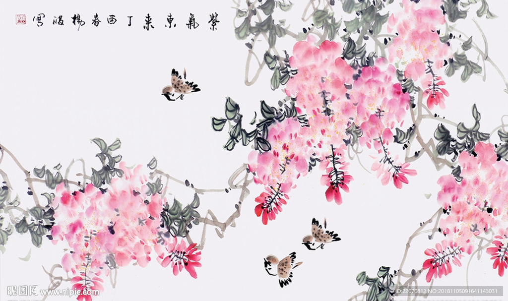 中国风水墨手绘花鸟工笔背景墙
