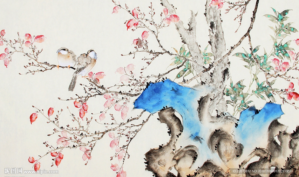 中国风水墨手绘花鸟背景墙