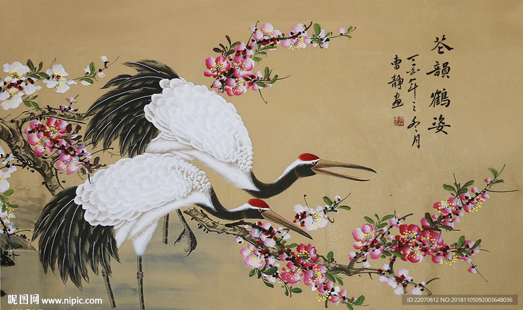 中国风水墨手绘白鹤花鸟背景墙